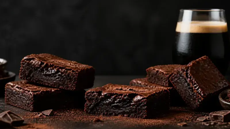 Dunkle, saftige Stout-Brownies mit einem Glas Imperial Stout auf einer schwarzen Steinplatte.