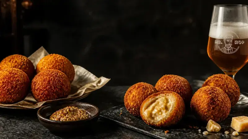 Goldbraune Bitterballen mit Spicy Tripel und gereiftem Gouda, körnigem Senf und einem Glas Tripel.