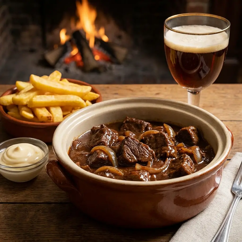 Belgisches Rinderschmorgericht mit Bier und Ontbijtkoek